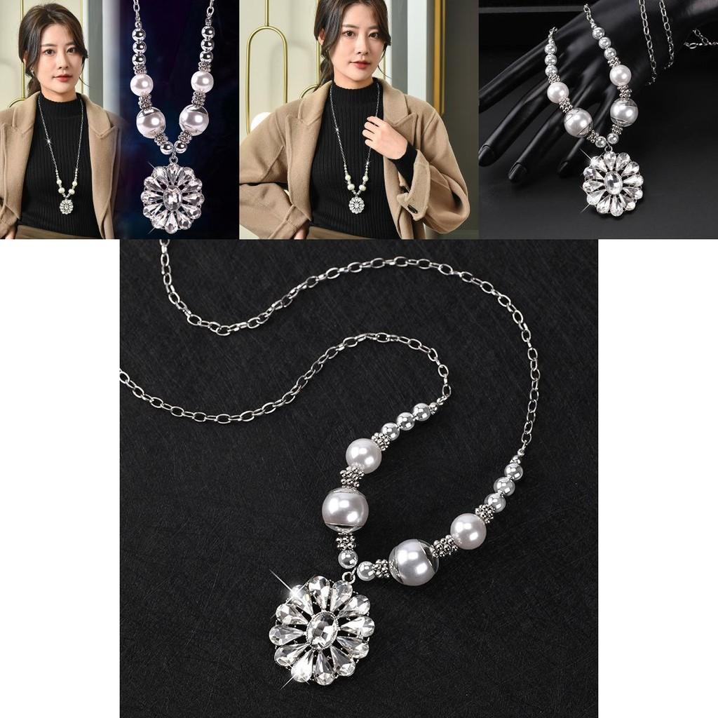 Womens Gorgeous Long Crystal Flower Pendant Necklace In Elegant Korean Pearl Style
