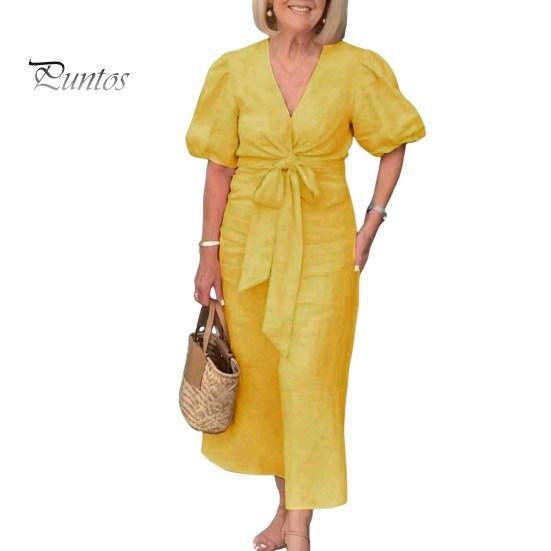 Summer Maxi Dress V Neck Lace-up Waist Bubble Sleeves Solid Color Loose Long Dress for Daily Life Date Work Party