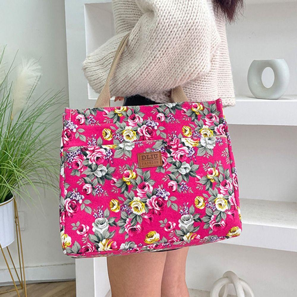 Zipper Floral Print Tote Bag Portable Mommy Bag Portable Canvas Lunch Bag  For Mom