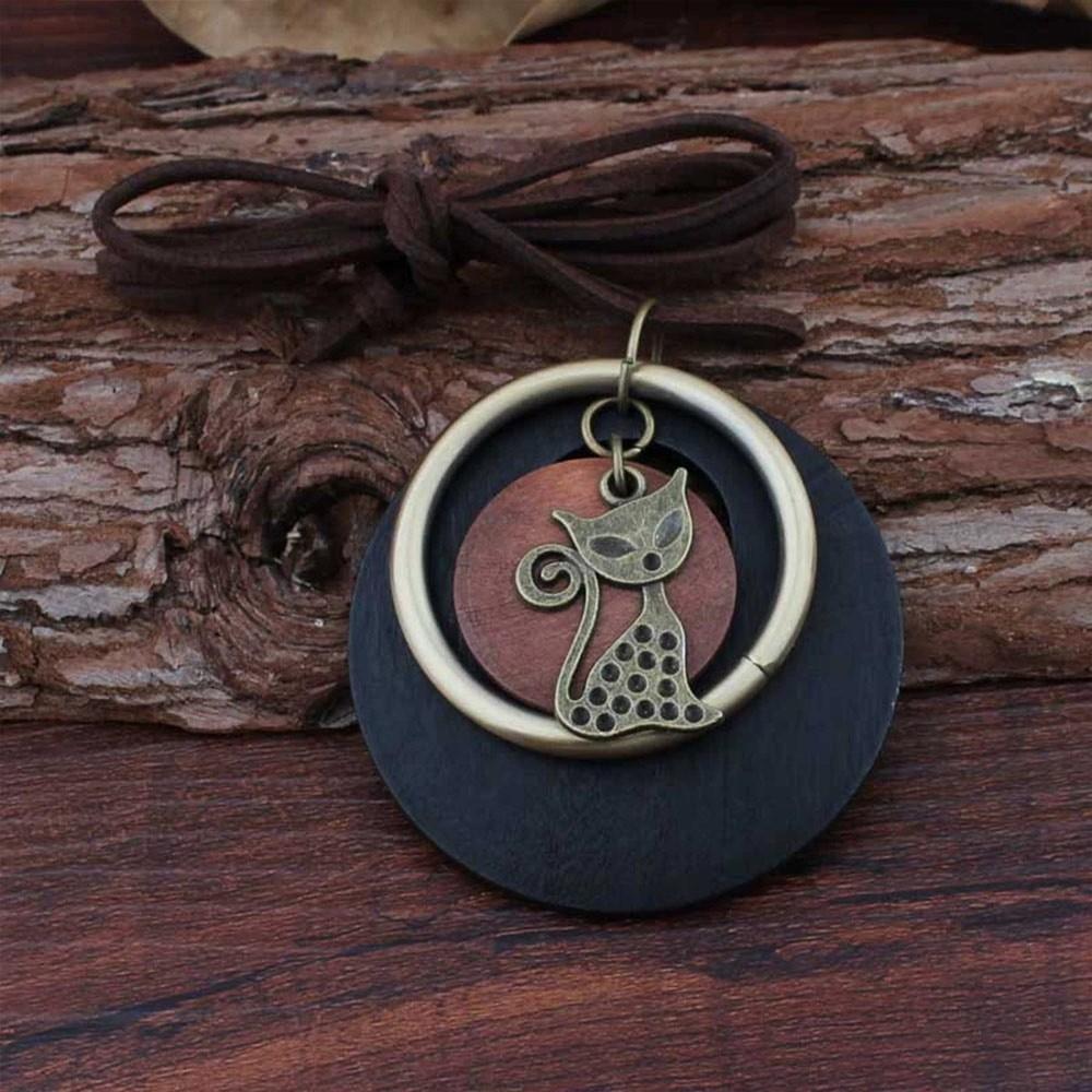Leather Chain Wooden Pendant Necklace Boho Clothing Pendant Vintage Necklace  for Women Men