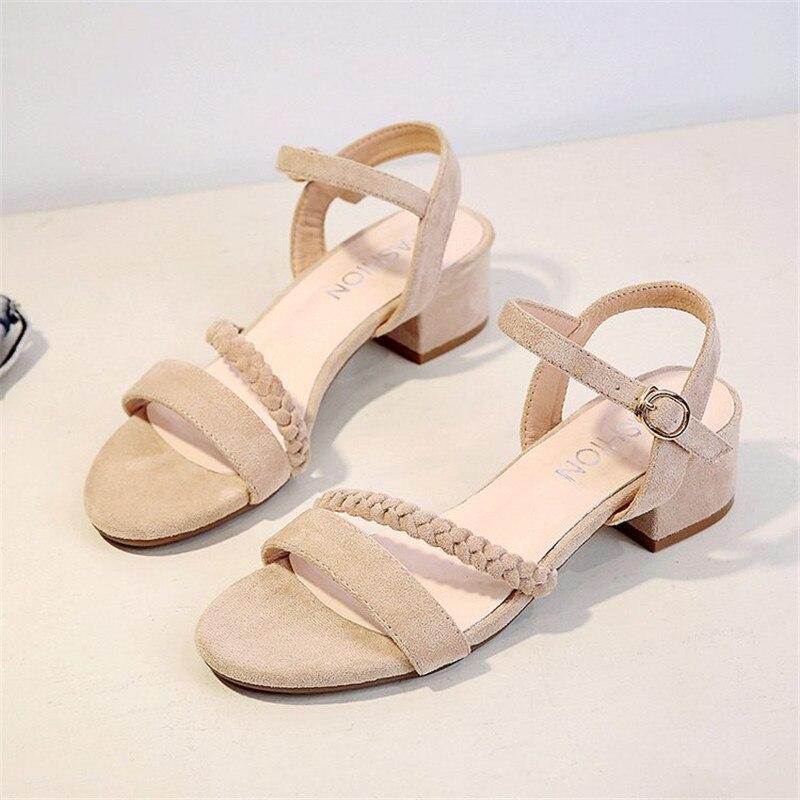 Flock Beige High Heels Sandals Women  Summer Shoes Women Fashion Open Toe Buckle Sandals Casual Square Heel Female Shoes