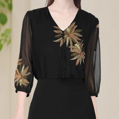 Chic Embroidered Spring Summer Loose Tops Fashionable Casual V-neck Design Shirts for Women