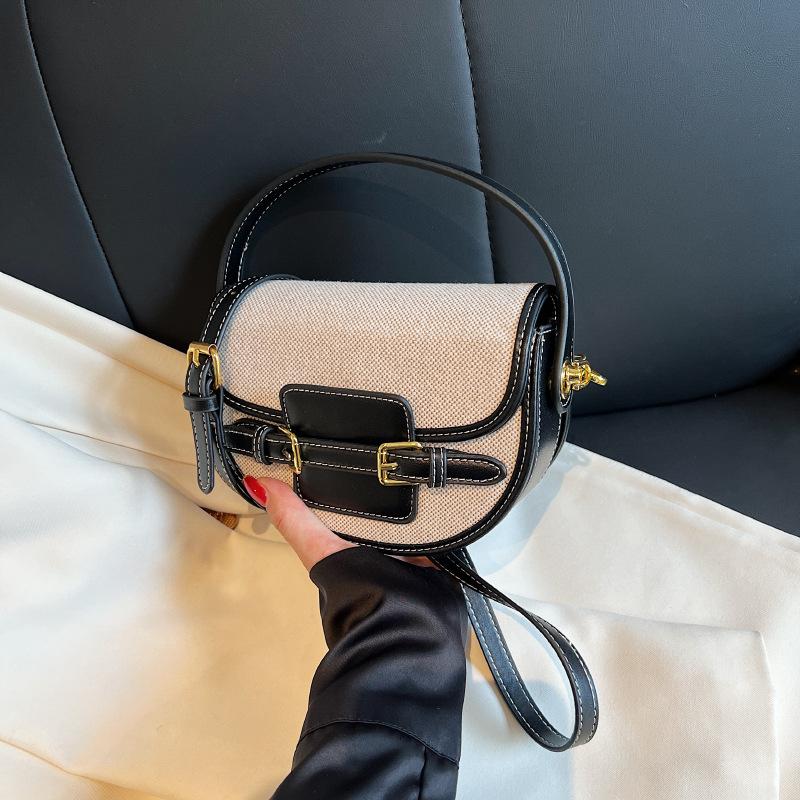 Semi-round Portable Retro Saddle Bag Women's Fashion Contrasting Color Niche Design Splicing Commuter Shoulder Messenger Bag