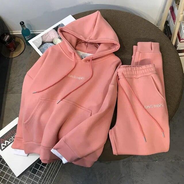 

Толстовки женские спортивный костюм с капюшоном комплект из двух предметов толстовки с карманами брюки костюм брюки на шнурке спортивная одежда XXL розовый