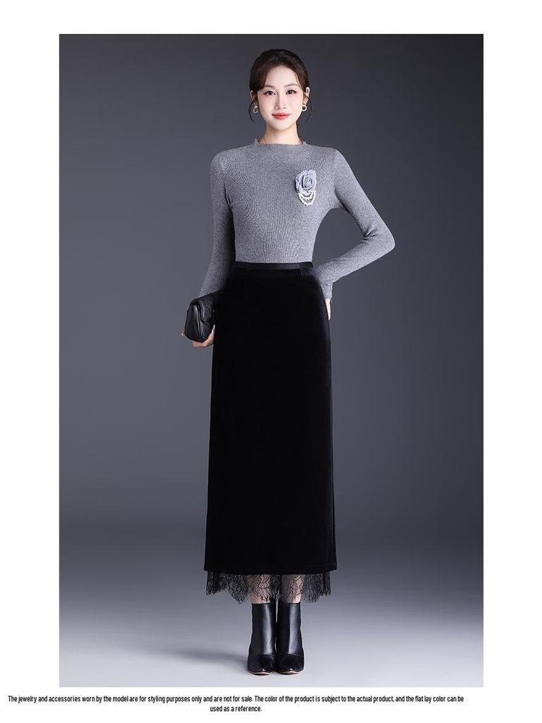 Lace-Trimmed High-Waist Slimming Midi Pencil Skirt with Slit (Winter 2025)