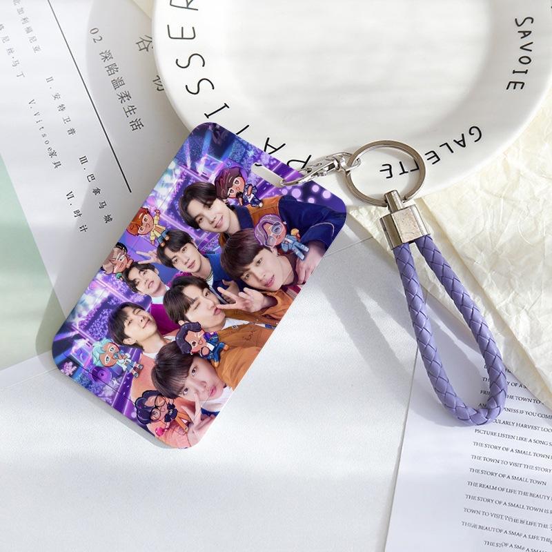 BTS Sliding Photocard Holder, Protective ID Badge Card Case with Braided Keychain Strap, Student Campus Bus Meal Card Protector Merch for ARMY