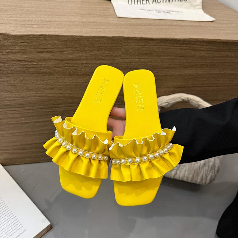 Sandals summer new square head wear one word beach shoes pearl lotus leaf edge low heel slippers women