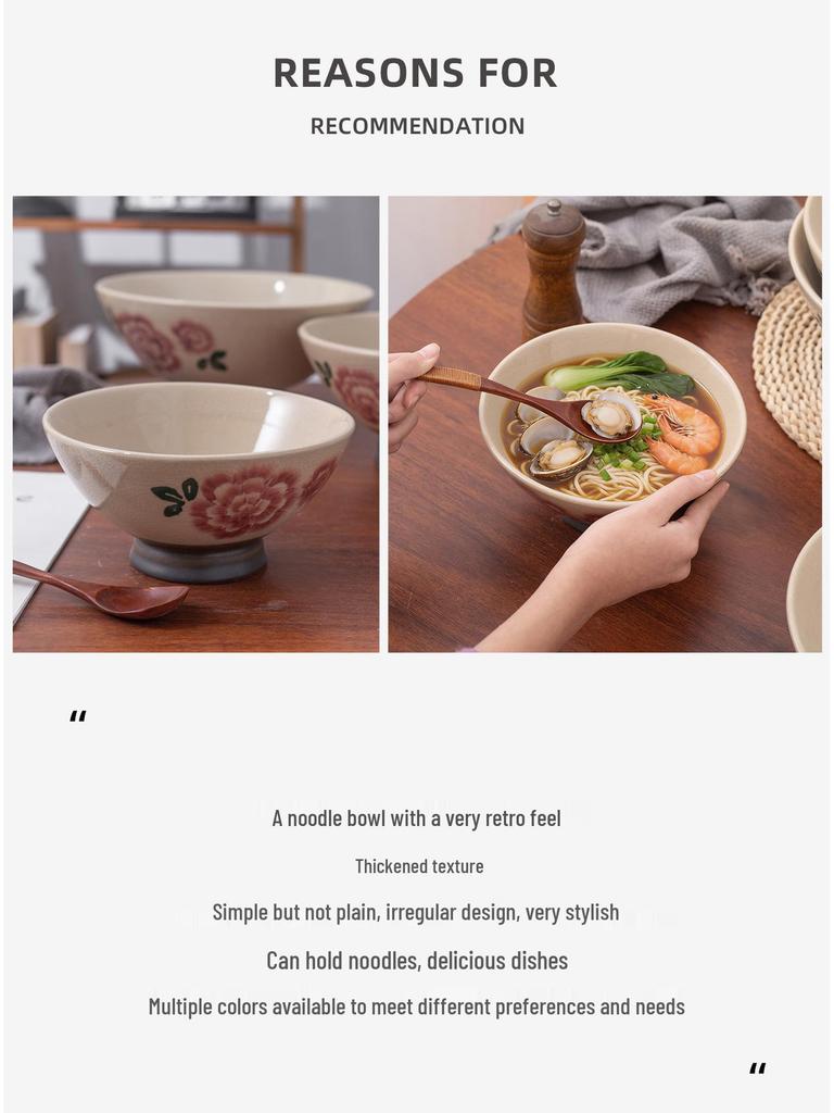 Retro Hand-Painted Floral Ceramic Noodle Bowl - Large Chinese Style Soup/Rice Bowl with Underglaze Color