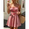 European Retro Sweet Vitality Red and White Plaid Bow Backless Sleeveless Short Dress Women