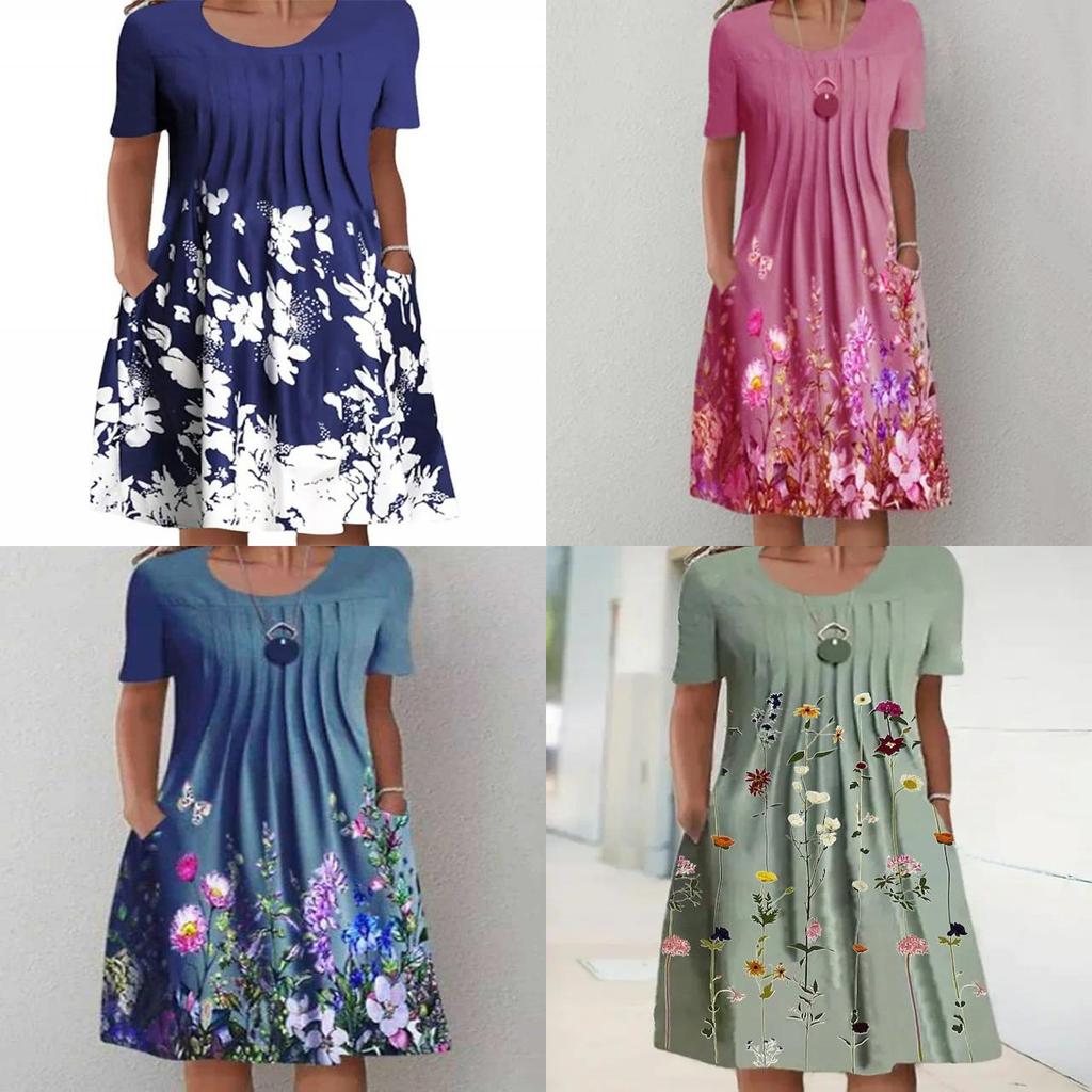 Floral Print A Line Dress With Pleated Details For Summer Casual Wear