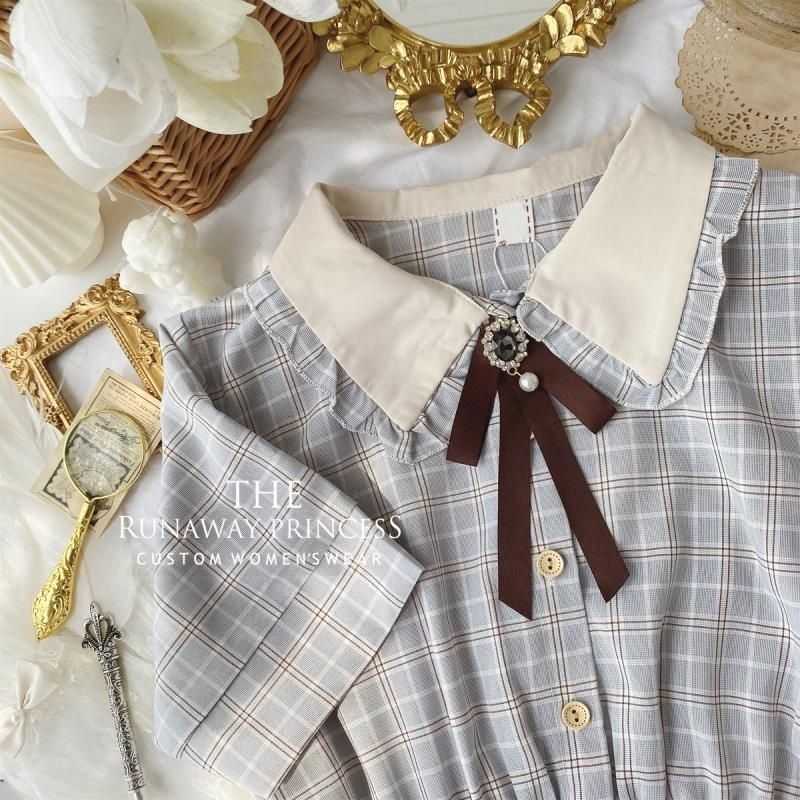 Girls' Fashionable Dress for Summer, Children's Doll-necked Pleated Checkered Chiffon Dress