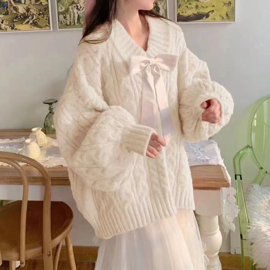 

Осенне-зимняя женская одежда, женский свободный свитер с V-образным вырезом и бантом, длинный рукав, пуловер, милый теплый вязаный женский топ XL бежевый