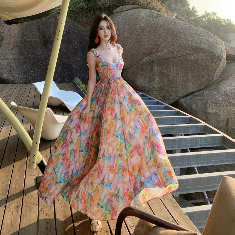 Seaside Vacation Dopamine Gentle and Beautiful Chiffon Print Suspender Dress Women's Summer Big Skirt Long Dress