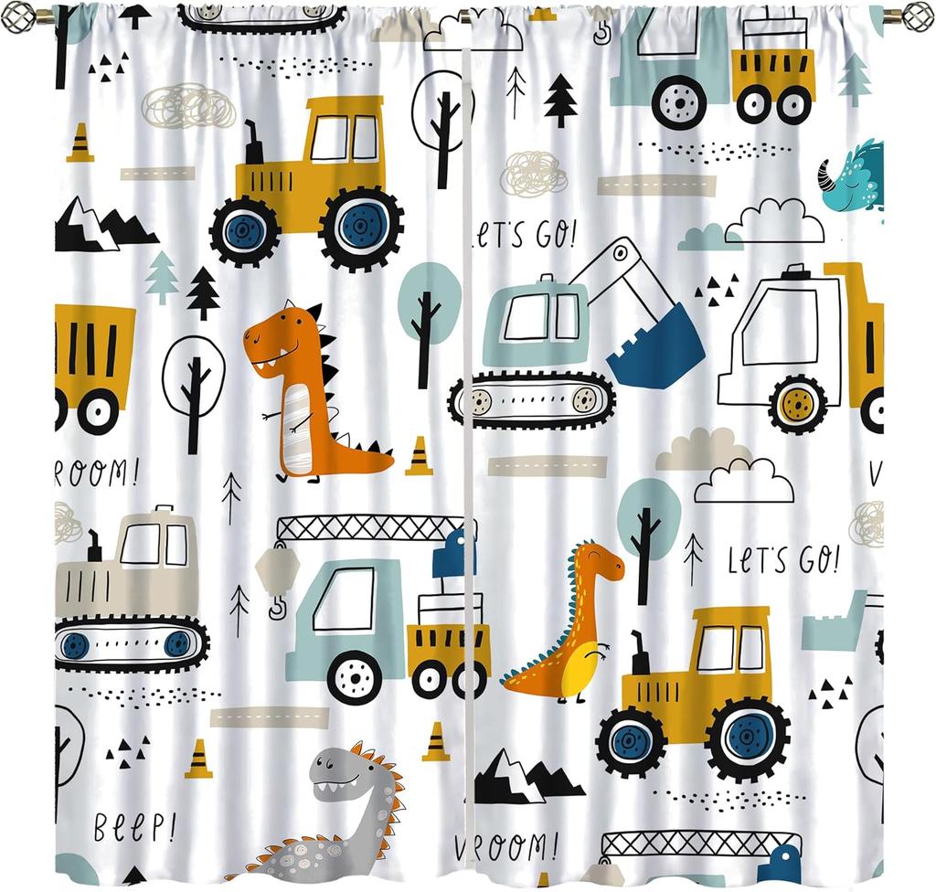 Dinosaur Construction Curtains For Boys,Cartoon Forest Architectural Site Dinosaur Excavator Tractor Truck Window Drapes Print