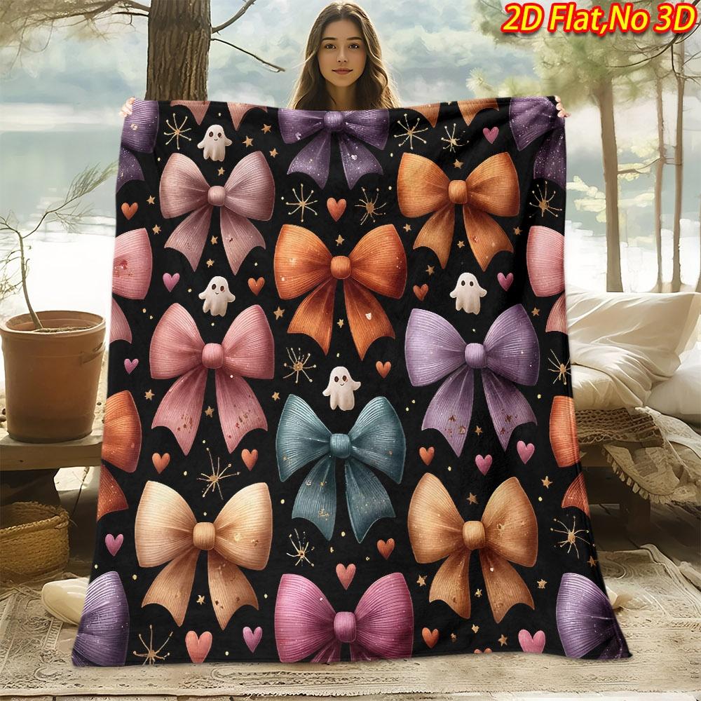 1pc 2D Flat Printing Spring & Summer New Arrival Halloween Bow & Heart Themed Digital Print Blanket, Throw Blanket, Soft and Comfortable 100% Polyeste