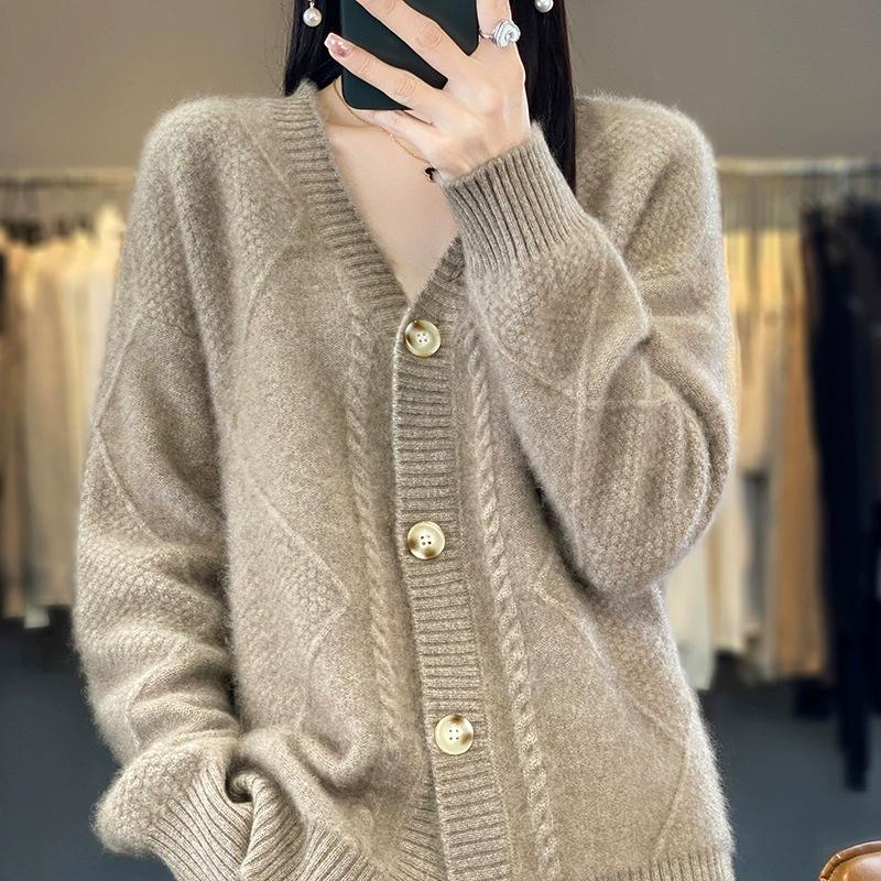 Damen V-Ausschnitt Zopfmuster Cardigan Flauschig Weich Langarm Knopfleiste Locker Lässig Herbst Winter Taschen Pullover Mantel
