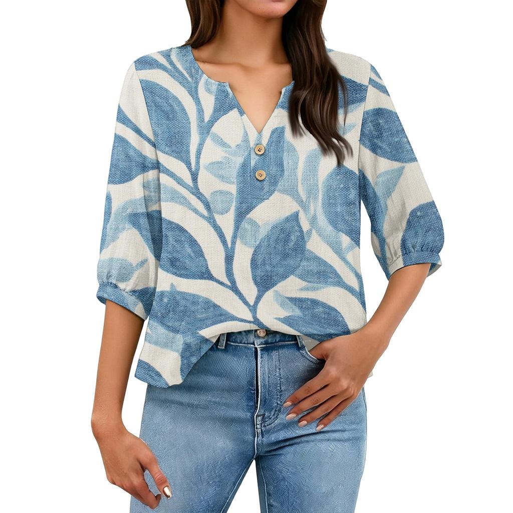 Women’s Casual Floral Print Henley Neck Button Front Cotton Linen Shirt with 3/4 Sleeves Loose Fit Blouse Top for Daily Wear