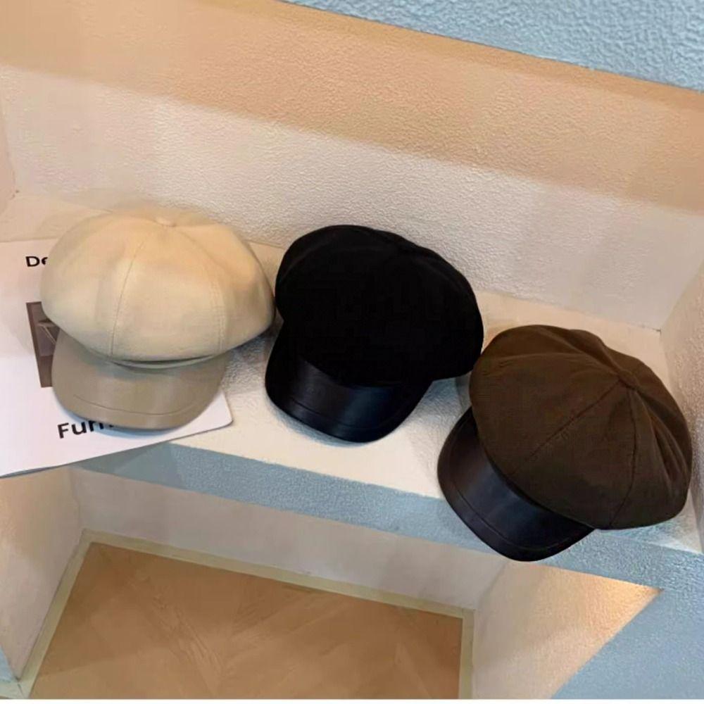 Retro Pu Leather Beret Korean Style Painter Hat Fashion Wool Octagonal Hat  Streetwear