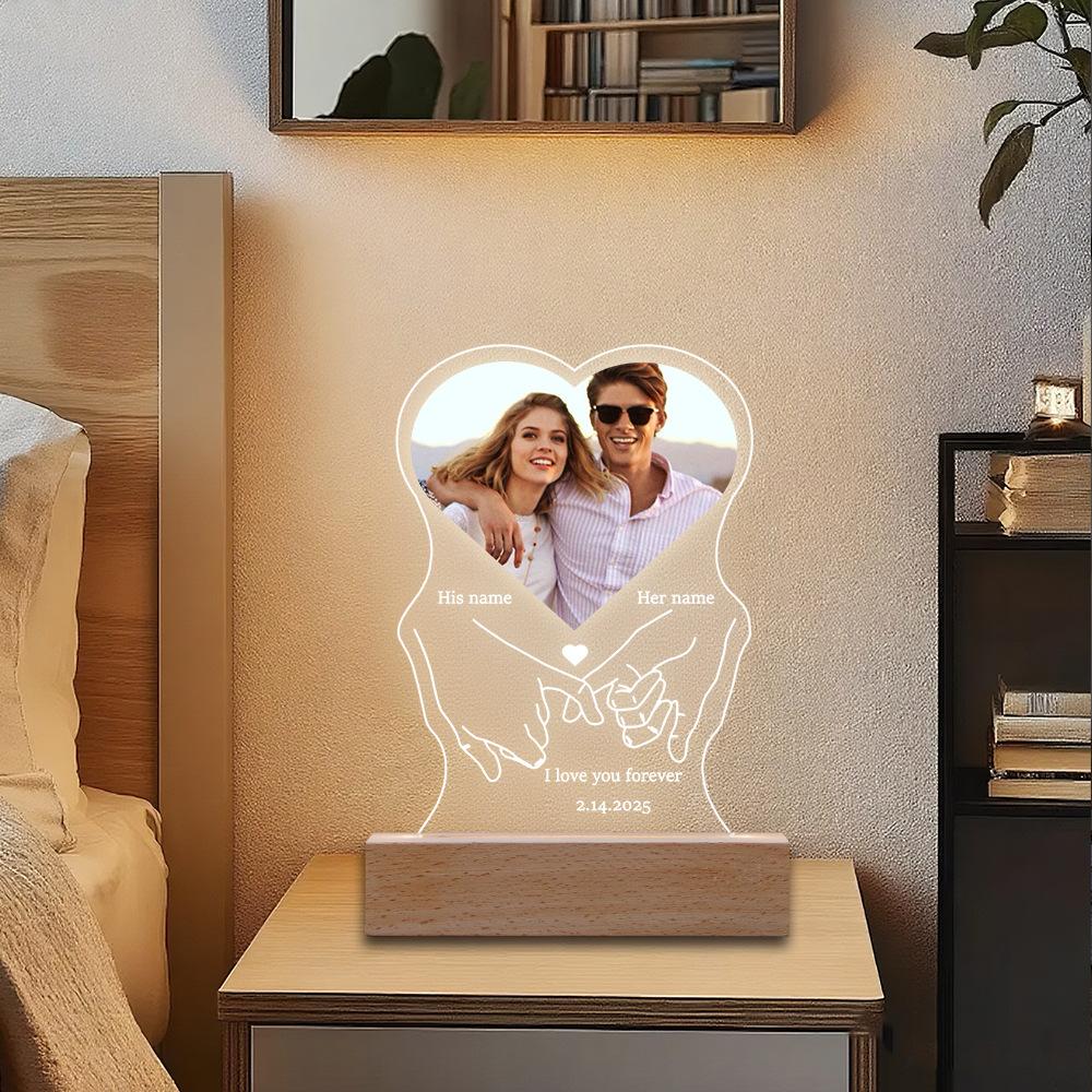 Personalized Picture Frame Custom Photo Acrylic Plaque 3 Color Light Solid Wood Base Desktop Decor Anniversary Remembrance Gift