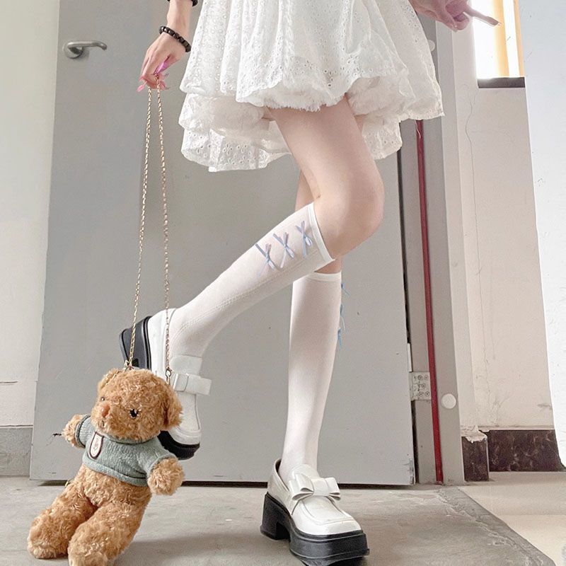 

Гольфы до колена с бантиком для женщин | Летние тонкие мягкие милые JK гольфы до икры white socks blue bow