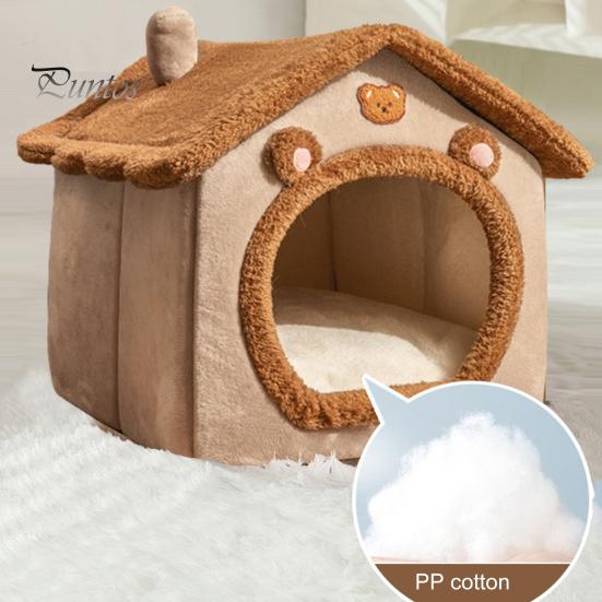 Pet Bed Cave with Removable Cushion Pillow Cartoon Bear Enclosed Indoor Cat Dog House Kitten Puppy Winter Warm Plush Sleeping Nest Pet Supplies