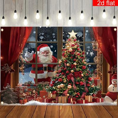 1 Piece of Christmas Decoration Banner, Santa Claus Pattern with Snow Scenery Outside the Window, Party Photography Background
