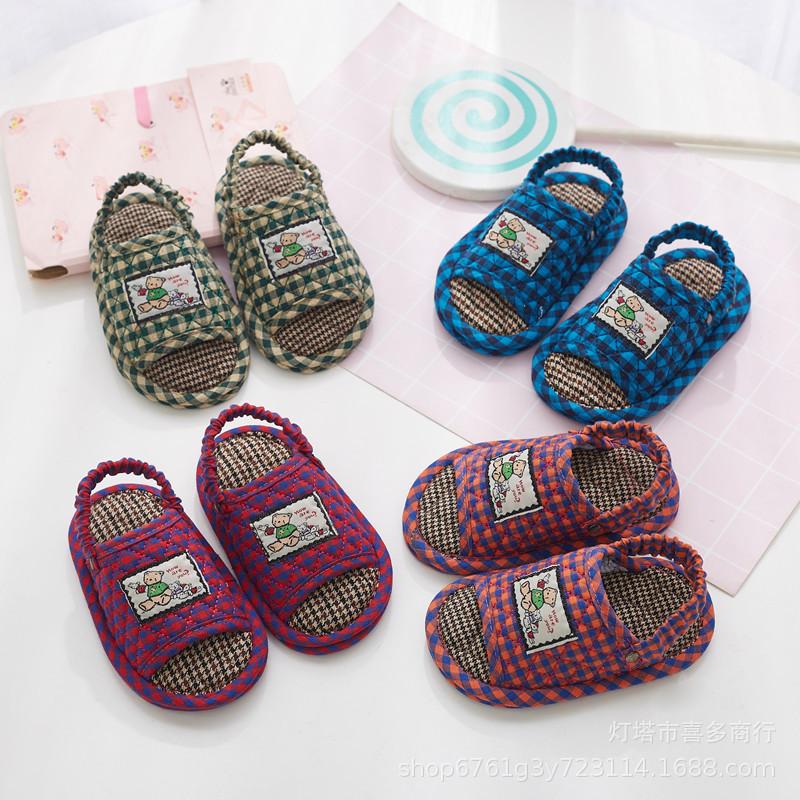 Children's slippers indoor soft bottom home silent boys and girls cotton and linen fabric bottom slippers spring and autumn seasons