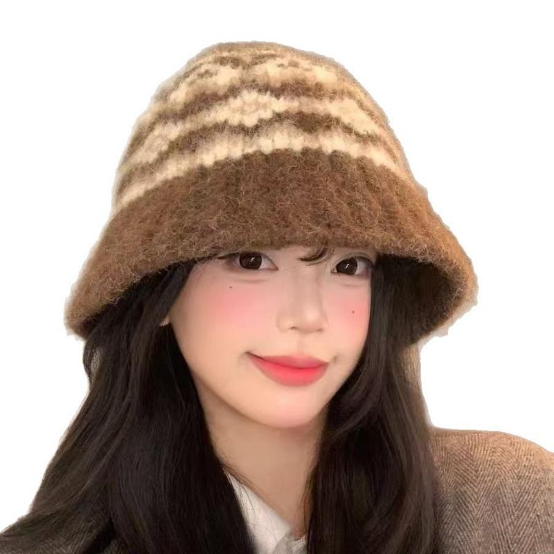 Women Fair Isle Knit Fisherman Hat Large Head Size Warm Bucket Hat