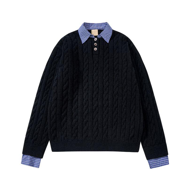 

Acrardic Autumn and Winter American Plaid Fake Two Pieces Sweater Men s Lazy Cleanfit Hemp Pattern Knit Top Black 2XL