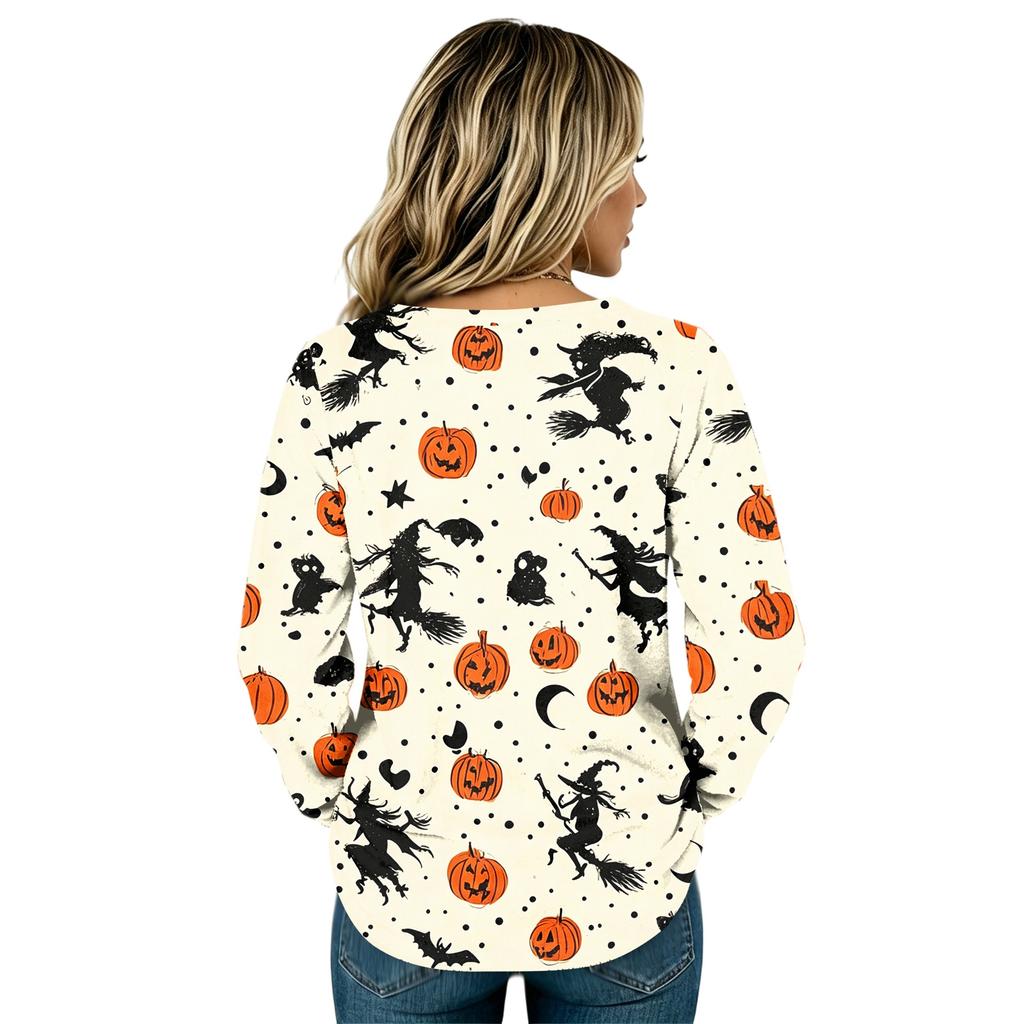 Women's Flannel Long Sleeve Top with Halloween Print Neck Pullover Shirt