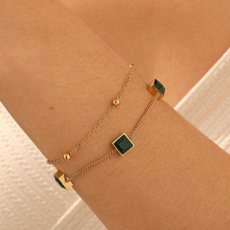 Gold Plated Double Layer Bracelet with Square Green Zircon, Vintage Emerald Charm Chain for Women, Dainty Elegant Daily Jewelry