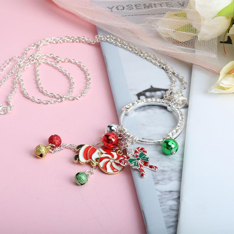 Christmas Necklace, Long Chain with Hanging Alloy Santa Hat, Gift Tie, Bell, C Holiday Necklace