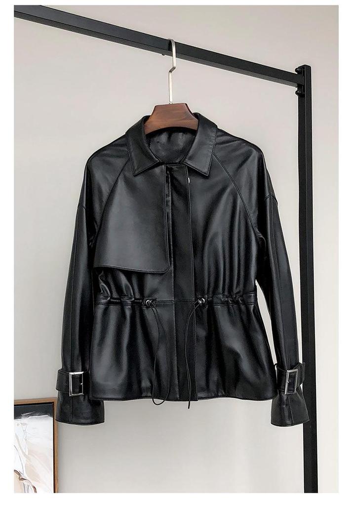 2023 Women’s Slim Genuine Leather Motorcycle Jacket – Short, High-Waisted Sheepskin for Spring/Autumn