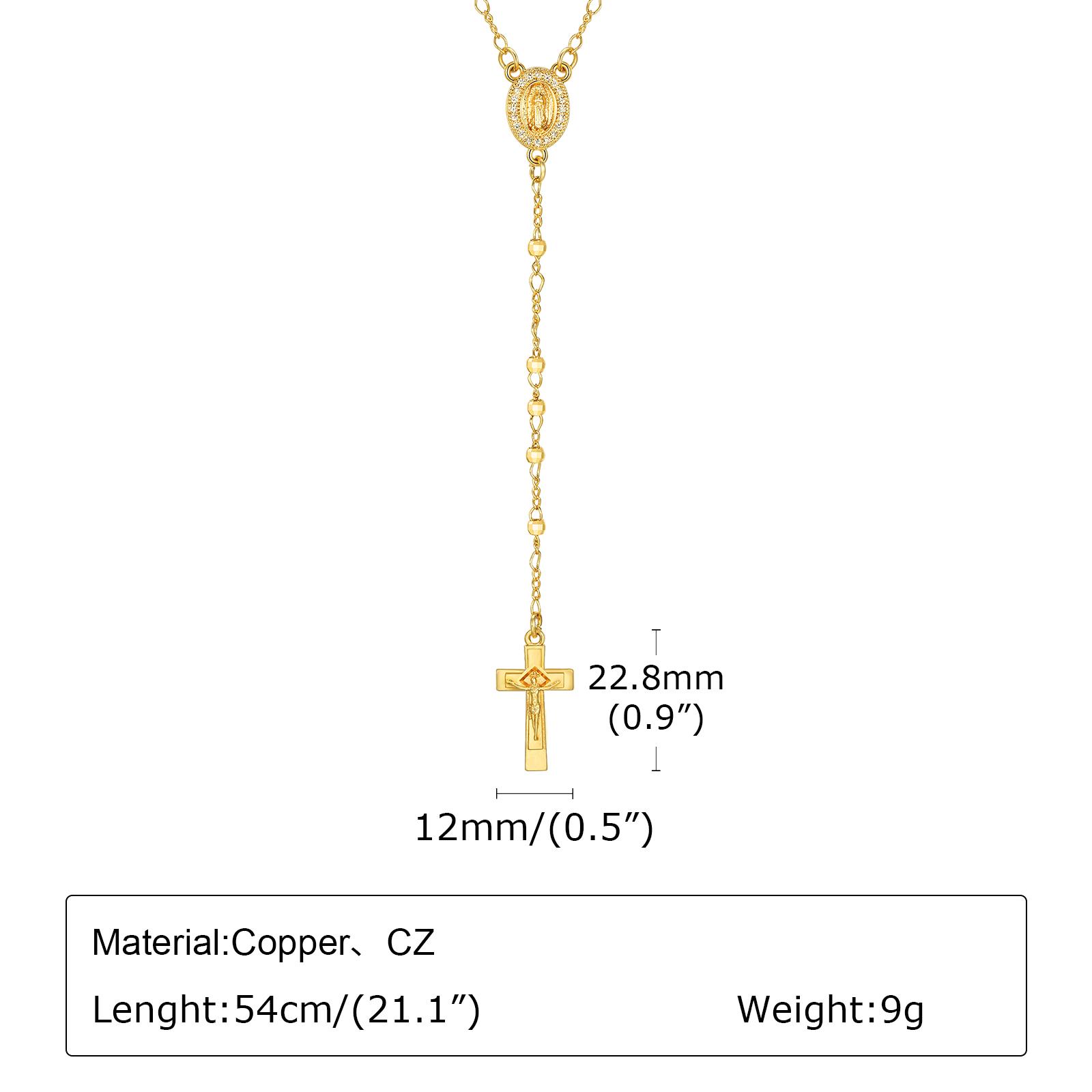 Zirconia Heart Virgin Mary Rosary Bead Cross Necklace for Women, Long Chain Cross Pendant Christian Catholic Religious Jewelry