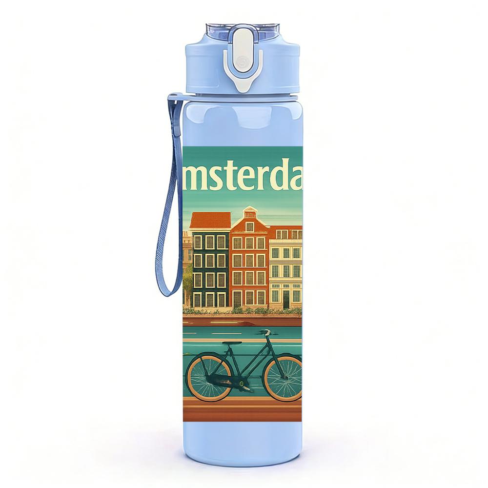 1PC Amsterdam Vintage Building 750ml Color Plastic Sports Water Bottle Leakproof Flip Straw Lid For Sports Office Home Use