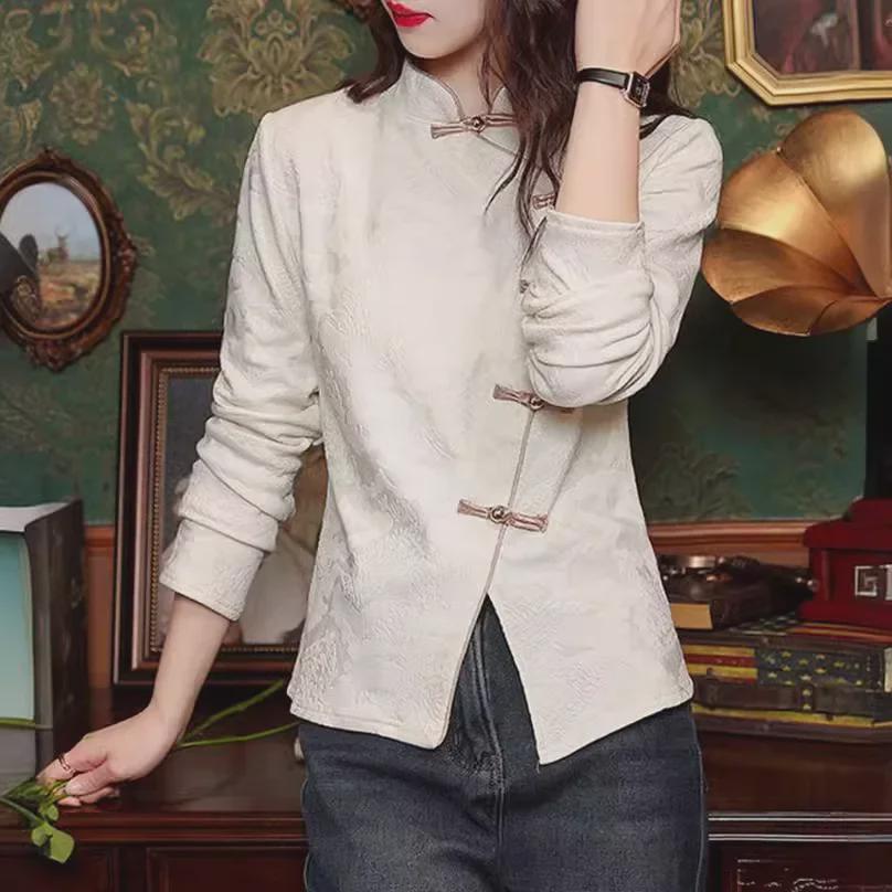 2024 Spring Red Buttoned Cheongsam Shirt for Women