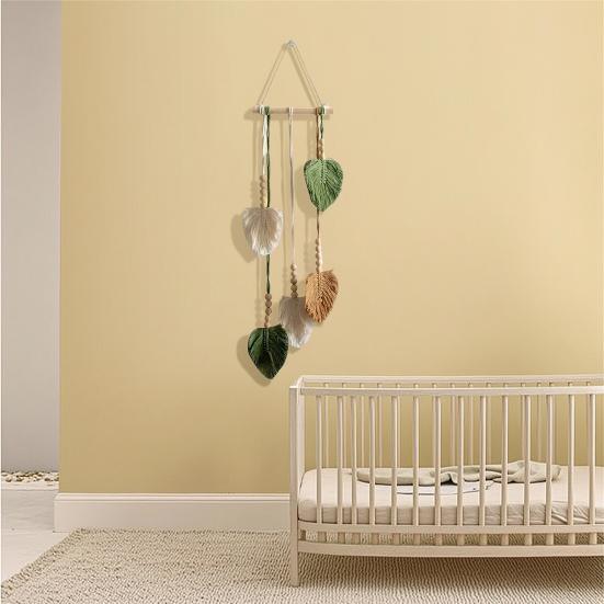 Handmade Bohemian Hanging Tapestry, Wooden Beads Woven Cotton Rope Leaf Tapestry, Living Room Bedroom Wall Art Decoration