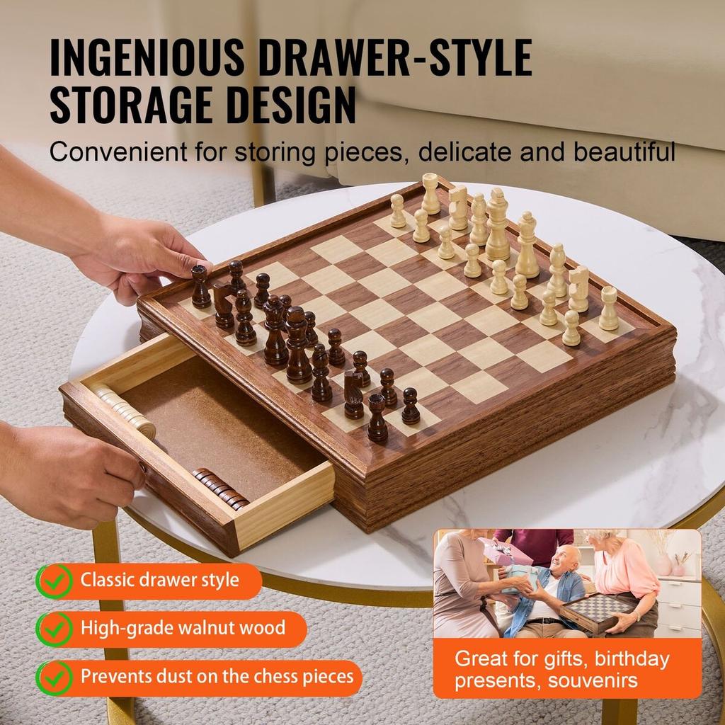 Solid Wood Chess Set, 15 Inch 2-IN-1 Chess Checkers Game Set, Chess Board Games with Storage Drawer & Weighted Chess Checkers Pieces & 2 Queens, for