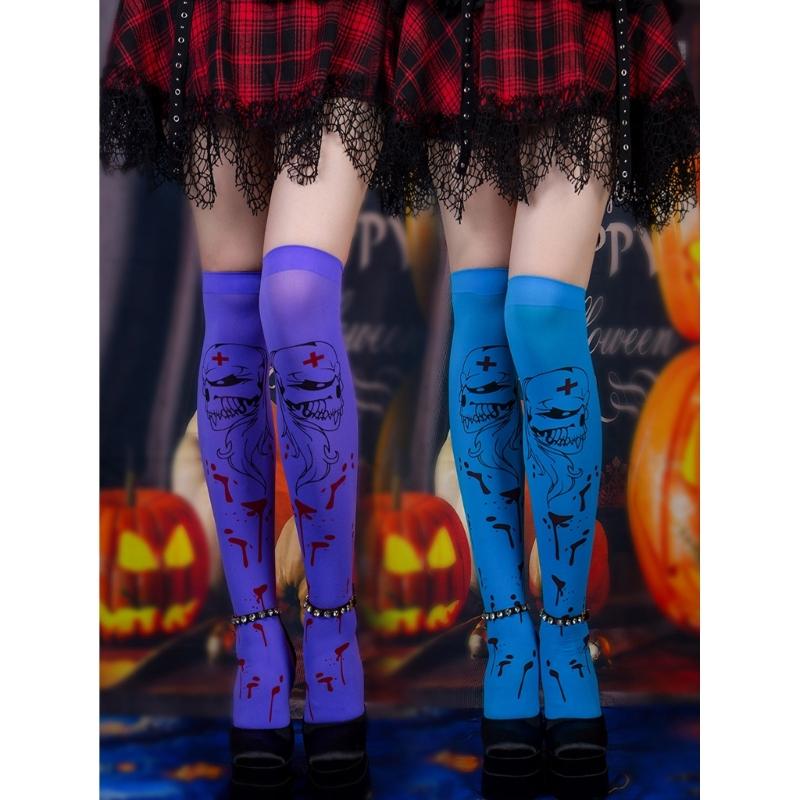 Women Thigh High Socks Over the Knee High Stockings Japanese Skeleton Skull Print Long Socks Thin Halloween Stockings
