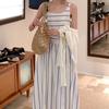Blue striped suspender dress children summer seaside vacation irregular hollow splicing waist vest long dress