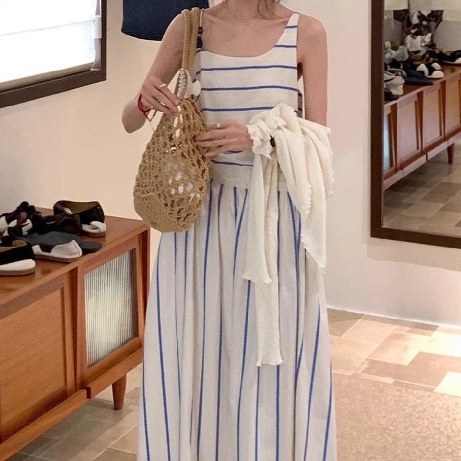 Blue striped suspender dress children summer seaside vacation irregular hollow splicing waist vest long dress