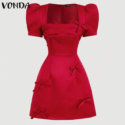 Women Elegant Knot Waist Square Neck Short Sleeve A-Line Dresses