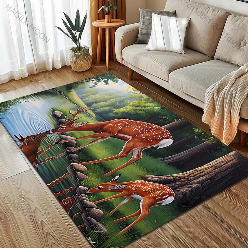 Rehkitz trinkt Wasser im Wald Druck Teppich für Wohnzimmer Schlafzimmer Bettseite Sofa Bodenmatte Moderne Heimdekoration Große Größe