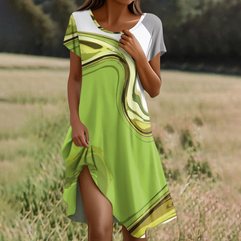 Short Sleeve Boho Dress For Women Casual Loose Fit Summer Sundress Texture Print Dress With Pockets