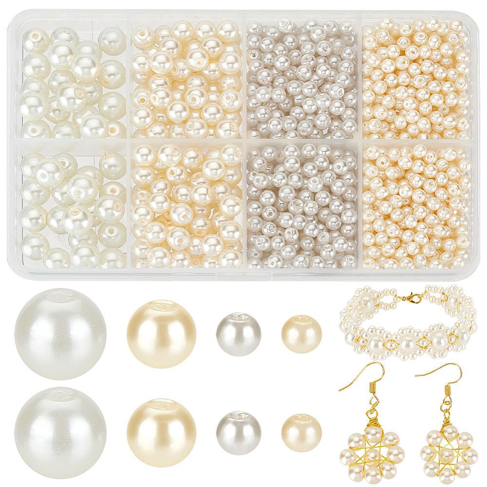 1060Pcs 4 Style Glass Pearl Beads Round Mixed Color 3~9mm Hole: 0.5~0.1mm