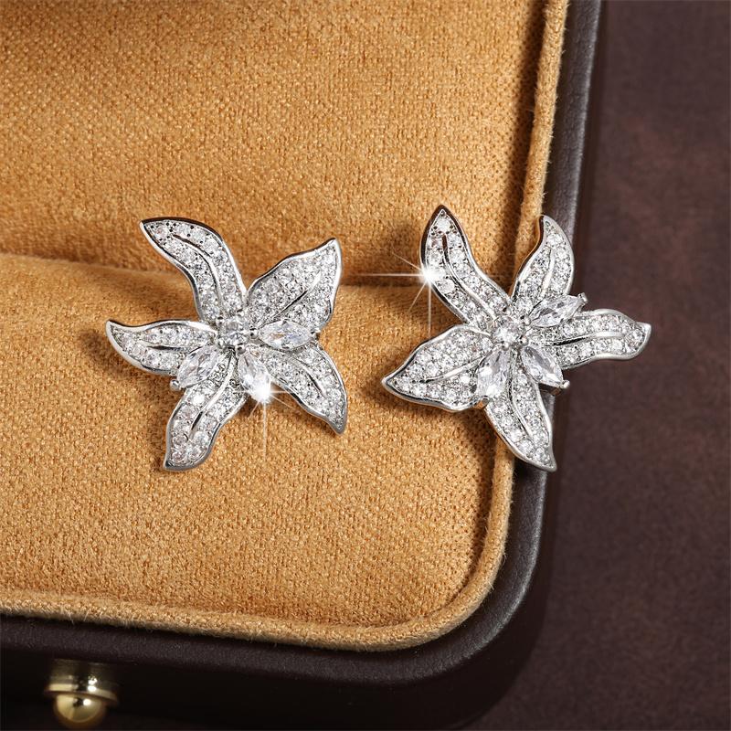 ZAKOL Sliver Color Shiny Tiny Zircon Starfish Lily Flower Shape Stud Earrings Luxury Bridal Wedding Zircon for Women