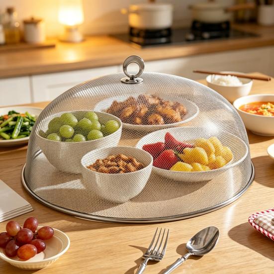 Reusable Food Net Cover for Parties Stainless Steel Mesh with Handle, Round Portable Fine Protector Outdoor Events Protector, Durable Guard Dishes And