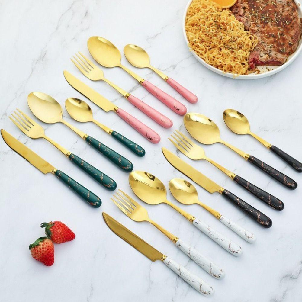 24pcs Stainless Steel Marbled Tableware Set Nordic Style Dessert Dinnerware Suit  Restaurant