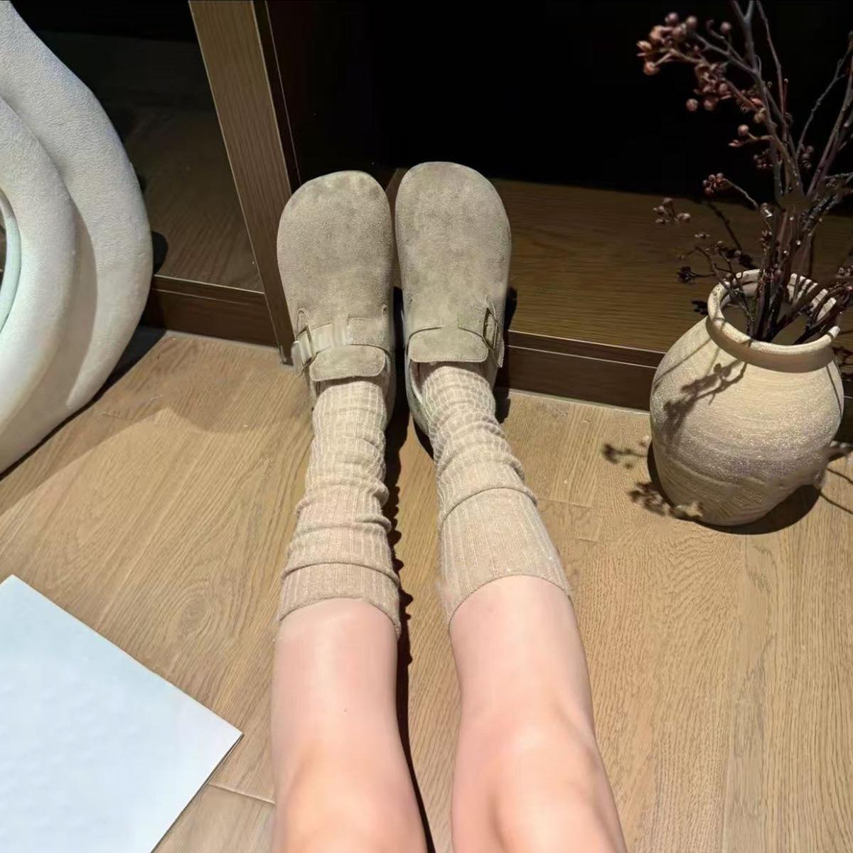 

Thick-soled Insole Height-increasing Shoes for Women, Retro Belt-buckle Fleece Single Shoes 39 сірий колір