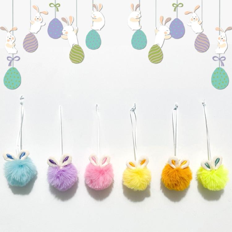 6Pcs Adorable Hare Ear Furry Ball Keychain Pendant Fodt Plush Ball Shape Festival Hanging Decoration for Bag Phone Charm